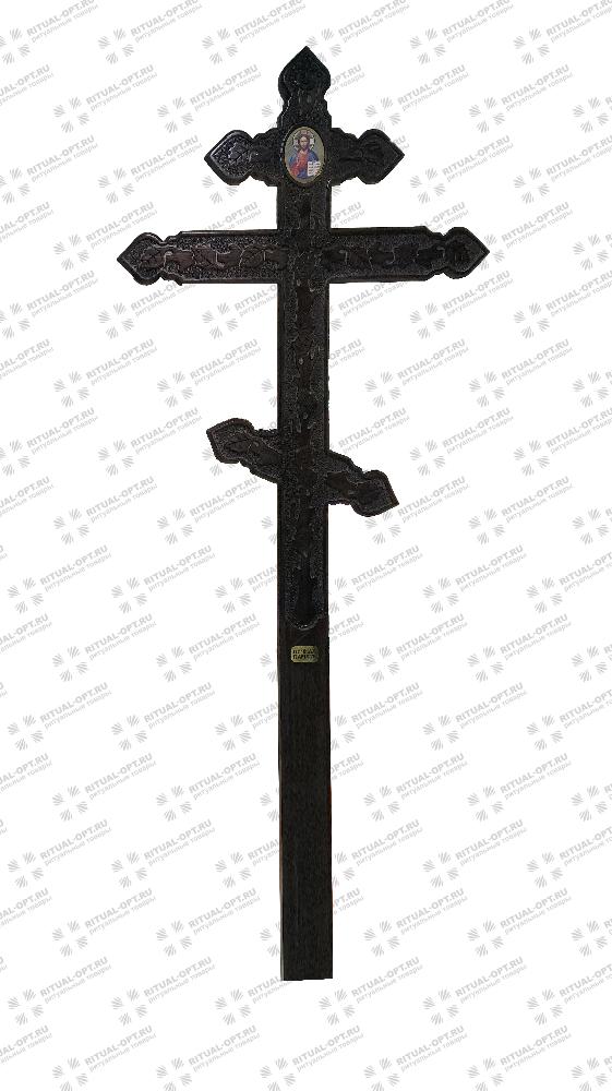 Крест "Художественный" купола-лист Березы, с иконой Исус, сосна, темный